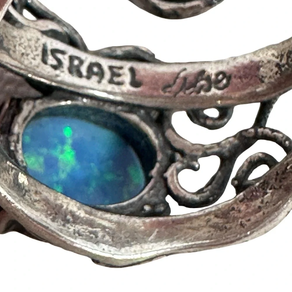 Vintage Israel 925 Sterling Silver Blue Opal Filigree Scroll Ring Jewish Artisan